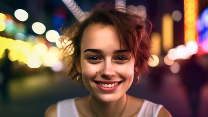 teenage girl or young adult woman with shorter hairstyle, reddish-brown hair color, white tank top shirt, earrings, in the nightlife as a pedestrian in the middle of a street, lights as bokeh, happily