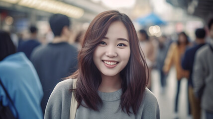 teenage girl or young adult woman, asian, white light skin tone, dark brown auburn brunette dyed hair color, shoulder length hair, gray sweater, handbag strap, in a pedestrian street