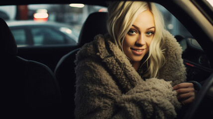 Fototapeta na wymiar adult caucasian woman with hair dyed blonde and thick winter coat in the car sits in the driver's seat at the steering wheel, small car
