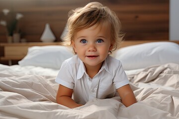 Obraz na płótnie Canvas A charming smiling baby in a white sunny bedroom. A baby crawling in bed. Nursery for small children. Textiles and bed linen for children. Family morning at home.
