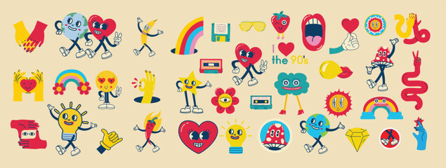 Groovy hippie love sticker set. Retro happy Valentines day. Comic happy heart character in trendy retro 60s 70s cartoon style. Retro characters and elements.