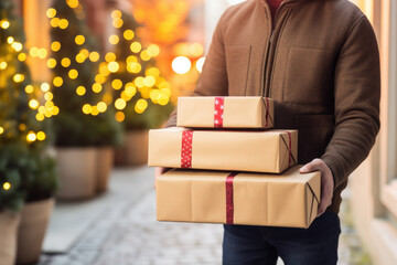 Deliveryman holding gift boxes, fast express shipping delivery concept