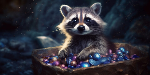Amusing Raccoon in a Treasure Chest Filled with Gold Bounty AI generated