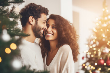 Closeup photo of adorable couple spending holly Christmas eve in decorated garland lights room near Chrismas tree  indoors
