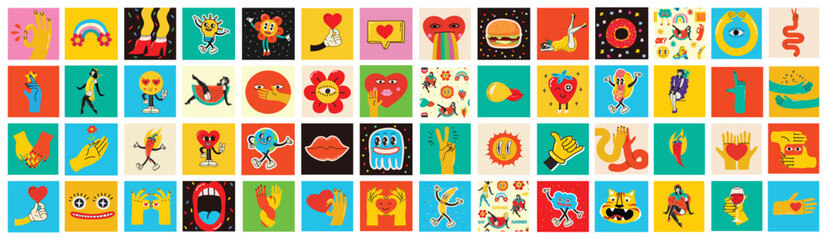 Fototapeta na wymiar 70's groovy square posters, cards or stickers. Retro print with hippie cute colorful funky character concepts of crazy geometric, dripping emoticon. Only good vibes sentence