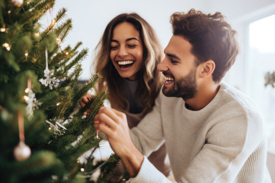 Closeup photo of adorable couple spending holly Christmas eve and decorating Chrismas tree indoor