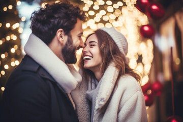 Closeup photo of cute couple spending holly Christmas eve in decorated garland lights house near Chrismas tree outdoors
