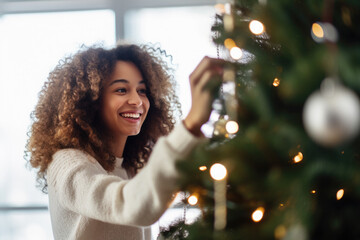  Beautiful young woman decorating a Christmas tree - Powered by Adobe
