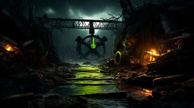 Radioactivity. Radioactive background. Abandoned industry and ruins. High quality illustration
