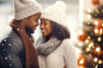 Closeup photo of cute couple spending holly Christmas eve in decorated garland lights house near Chrismas tree outdoors