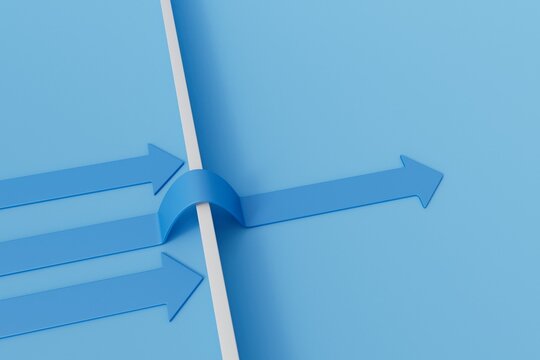 Business leadership and strategy. An arrow overcomes a barrier leaving others behind. 3D Rendering