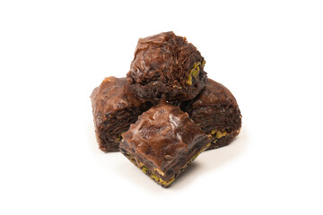 Turkish chocolate baklava isolated on white background.