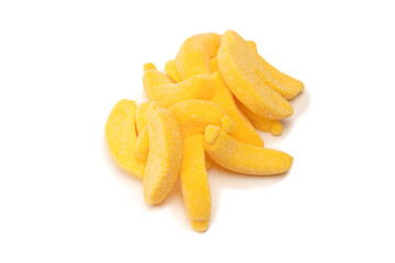 Juicy colorful jelly banana sweets isolated on white.