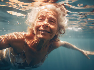 old woman underwater photo, mature woman swimming