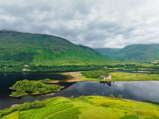 Fototapeta na wymiar Kilchurn Castle from a drone, Loch Awe, Argyll and Bute, Scotland, UK