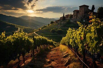 Beautiful vineyard at sunset. Travel around Tuscany, Italy. Landscape of vineyards in the wine...