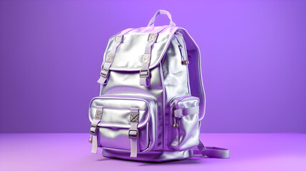silver backpack isolated on a purple background Back to school, education, childhood, primary school theme.