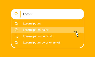 Search bar with suggestions and pop up list search results. Search form template for websites and ui interface. Search address and navigation bar icon. Vector illustration.