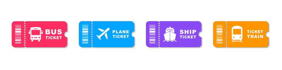 Bus, plane, ship and train ticket icon. Travel tickets for transport with barcode. Vector illustration. - obrazy, fototapety, plakaty