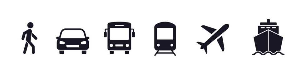 Transport icons set. Auto, bus, train, ship, plane and on foot. Public, travel and delivery transport icons. Vector illustration. - obrazy, fototapety, plakaty