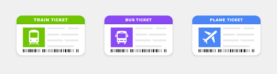 Bus, plane, and train ticket icon. Travel tickets for transport with barcode. Vector illustration. © TMvectorart