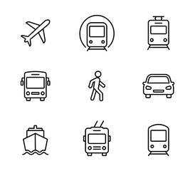 Transport icons set. Auto, bus, train, ship, plane, subway, tram and trolleybus. Public, travel and delivery transport icons. Vector illustration.