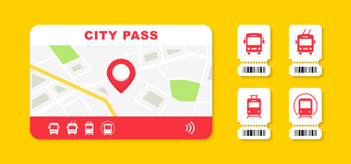 City pass card with cashless payment system. Bus, tram, trolleybus and metro ticket icon. Travel tickets for public transport with barcode. Vector illustration. - obrazy, fototapety, plakaty