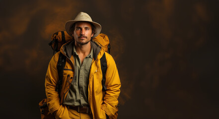Studio portrait of a male traveler on the solid color background