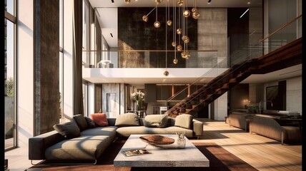 A modern loft living room in a luxury mansion decorated with a pendulum chandelier and featuring straight stairs. Generative AI AIG27.