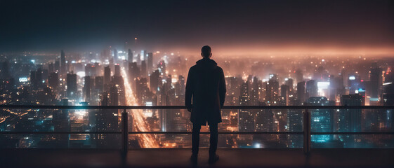 Fototapeta na wymiar Wide-angle shot of a man in a futuristic jacket stands on top of a skyscraper on a blurred cyberpunk futuristic city panorama background with bright neon lights.