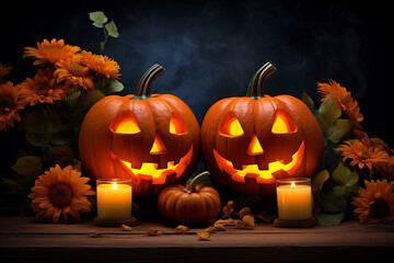 Dos calabazas de halloween sobre una mesa con caras grabadas en la calabazas, velas y flores de decoracion sobre fondo oscuro. Calabazas para el día de muertos.