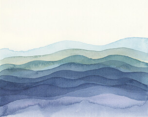 Ink Wave watercolor hand drawn strip stain blot painting. Blue color. Paper texture background.