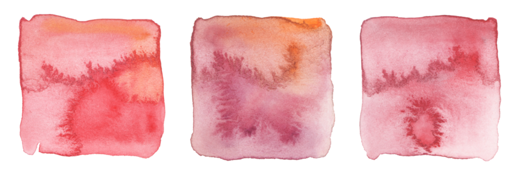 PNG Ink watercolor hand drawn square stain blot on transparent. Wet red, pink pastel color paper texture background. Set.