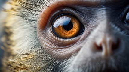 A close-up of a monkey's eyes, looking directly at the camera.