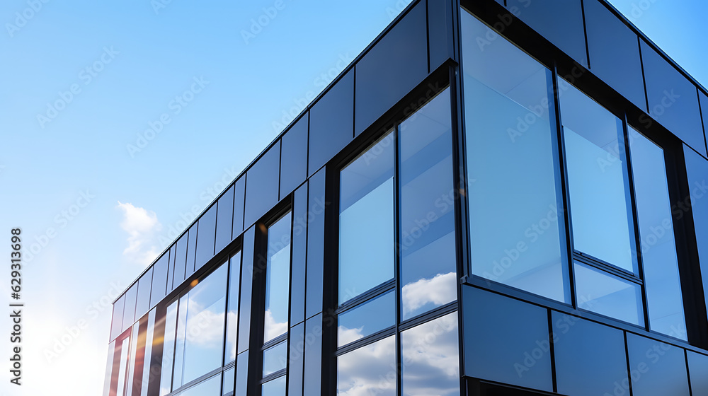 Poster graphite facade and large windows on a fragment of an office building against a blue sky. modern alu