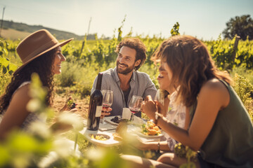 Lifestyle, friendship, food concept. Group of happy friends drinking wine and eating food in wine field during summer time. Generative AI