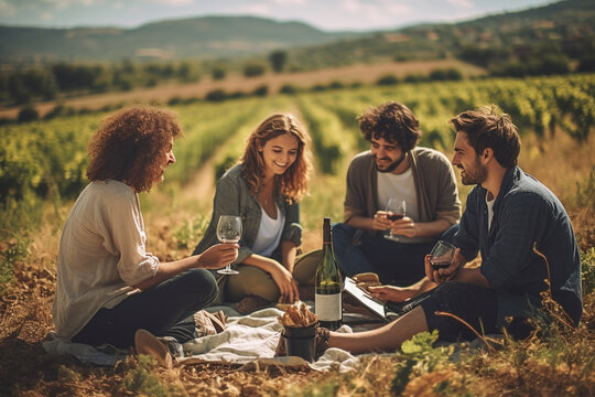 Lifestyle, friendship, food concept. Group of happy friends drinking wine and eating food in wine field during summer time. Generative AI