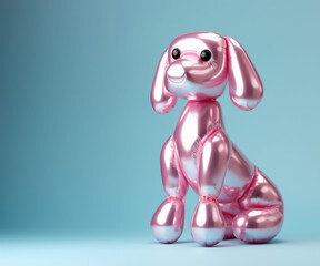 Cute and simple pink balloon dog sitting with blue background with copy space. Minimalist style, pastel colors