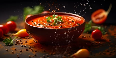 Fotobehang Spicy tomato soup in a bowl with pepper corns © Zanni