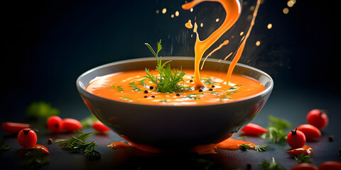 tomato soup in a grey bowl - obrazy, fototapety, plakaty