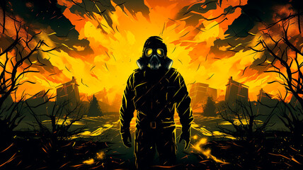 Stalker in a respirator against the background of a radioactive explosion. The city under the chemical cloud Background. High quality illustration