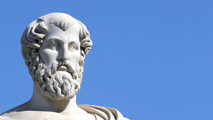 Obraz premium Famous Greek philosopher - Aristotle stone statue against the blue sky with space to write your text