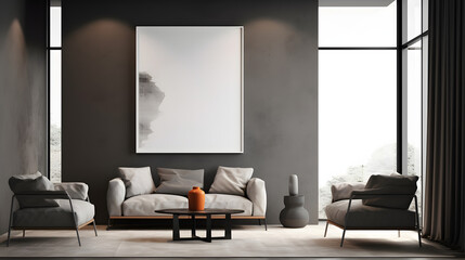 Gray living room interior with sofa, armchair and poster