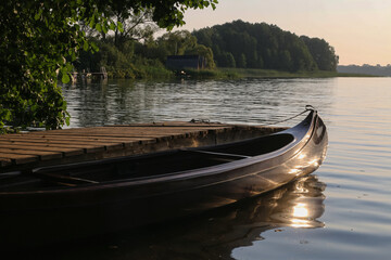 Obraz premium Romantic lakeside view with canoe as outdoor adventure concept.