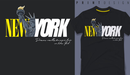 Graphic t-shirt design,new york city typography with Statue of Liberty - vector illustration for t-shirt. - obrazy, fototapety, plakaty
