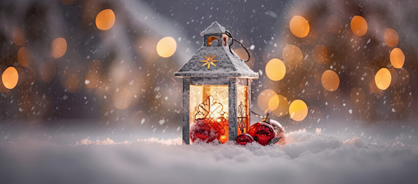 farol entre nieve falsa con fondo de bokeh desenfocado. ilustraci&oacute;n de ia generativa