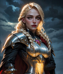 muscular beautiful woman with long golden hair in bloody armour