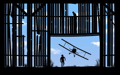 A barnstorming bi-plane flies low and is seen through the doorway of an old farm barn in an illustration about the 1920s aerial shows. © Rob Goebel