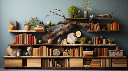 minimalist shelf on recycled wood wall with ecology books, embracing sustainability, Generative AI