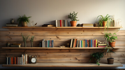 sustainability in design, recycled wood wall with books on ecology, Generative AI